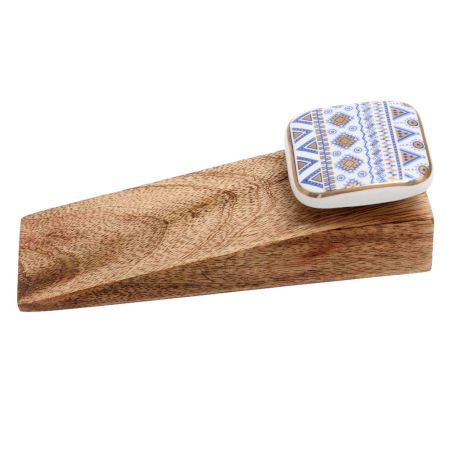 Blue Border Design Square Ceramic Wooden Door Stoper